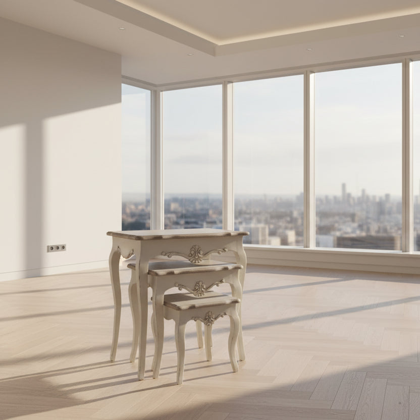 Modern interior with a table and chairs near large windows with a cityscape view.