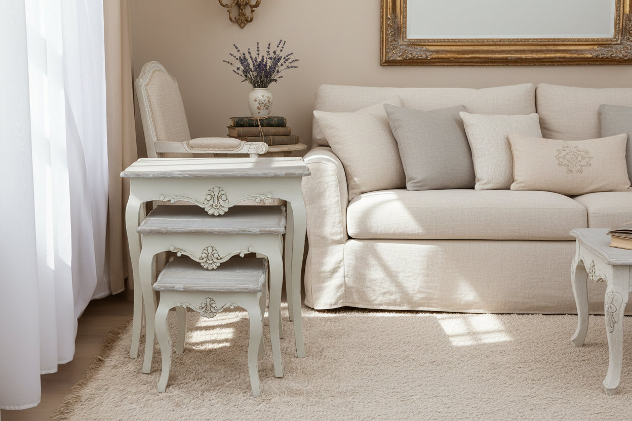 Set of three Nesting tables with decorative carvings on a beige rug.