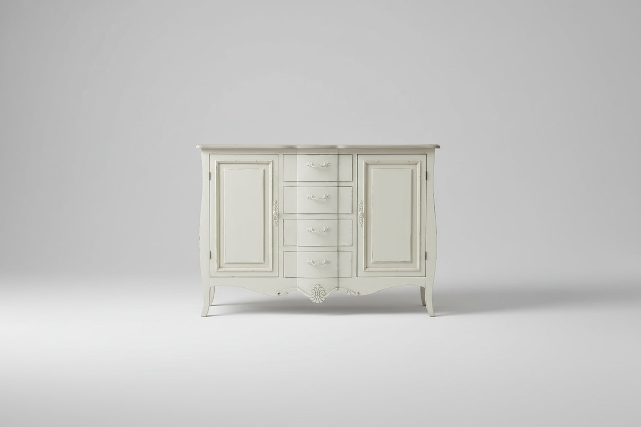 120cm Louis Style Wooden Cabinet – Natural Wood & Cream Finish with Drawers