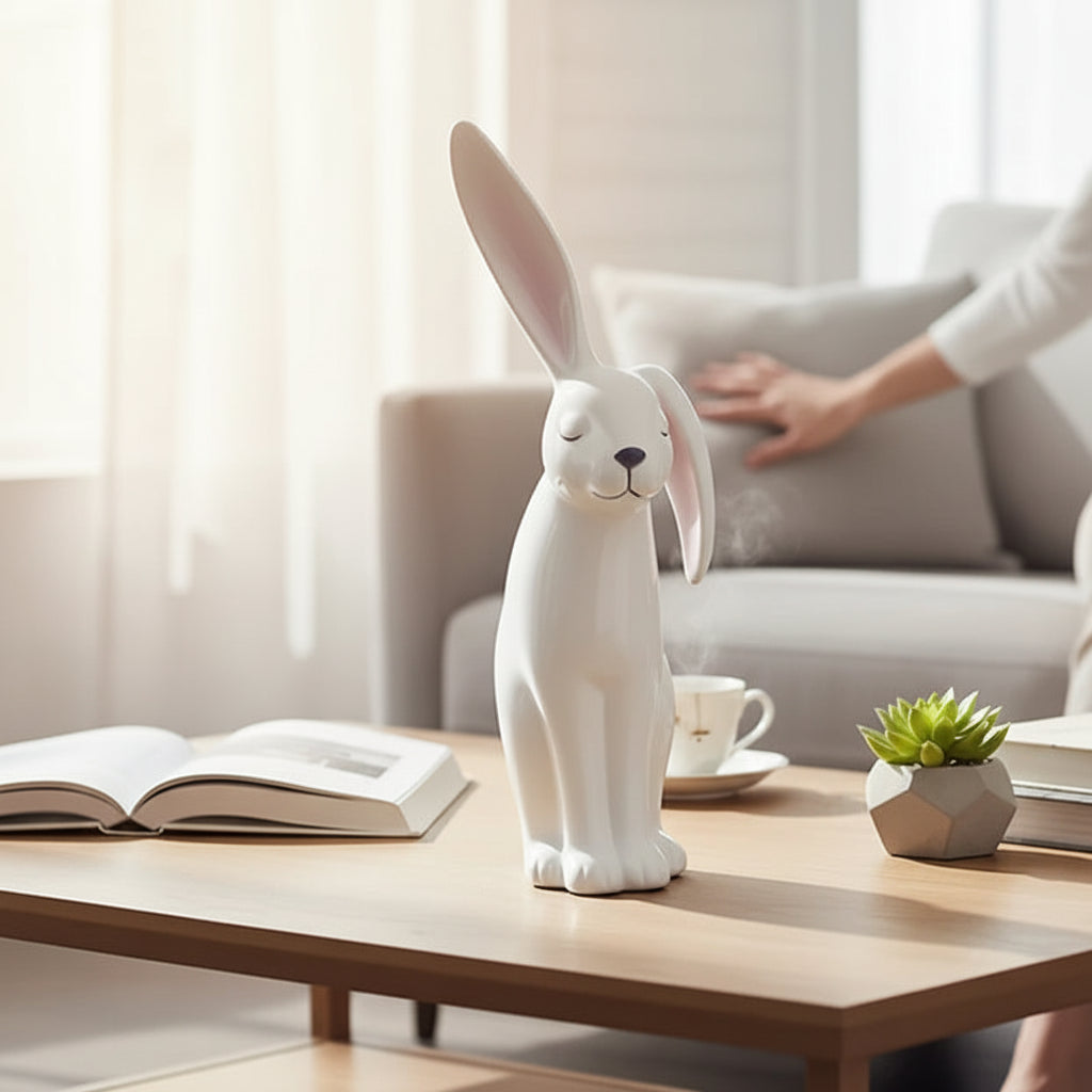 White rabbit-shaped diffuser on a wooden table with a blurred background