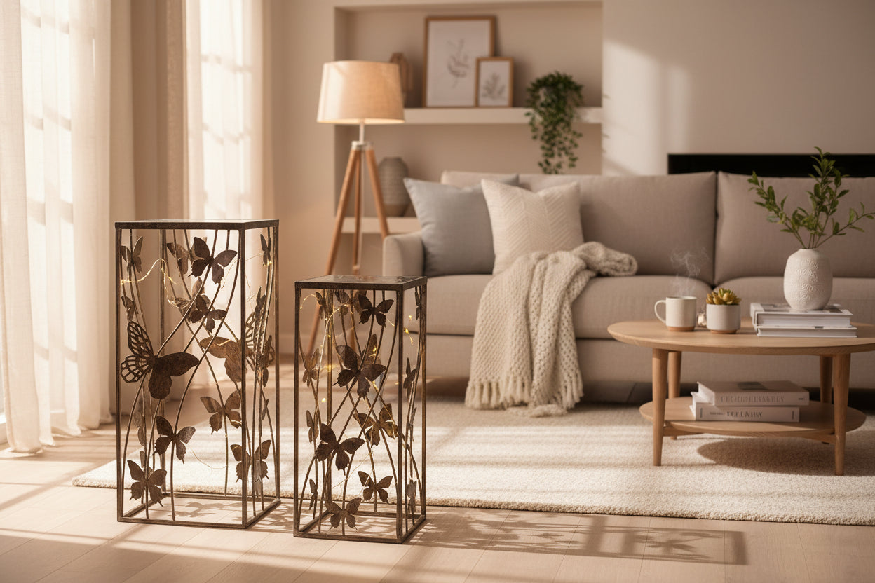 square metal side table with decorative laser-cut butterfly design on the top and sides.