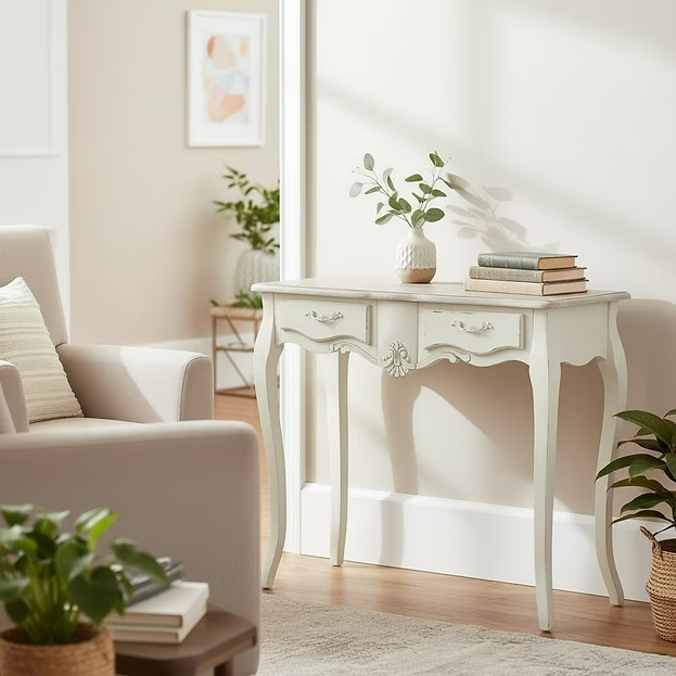 90cm wide narrow console table with natural wood top, cream painted frame, and two storage drawers.
