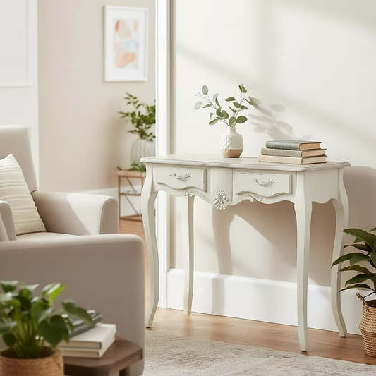 90cm wide narrow console table with natural wood top, cream painted frame, and two storage drawers.