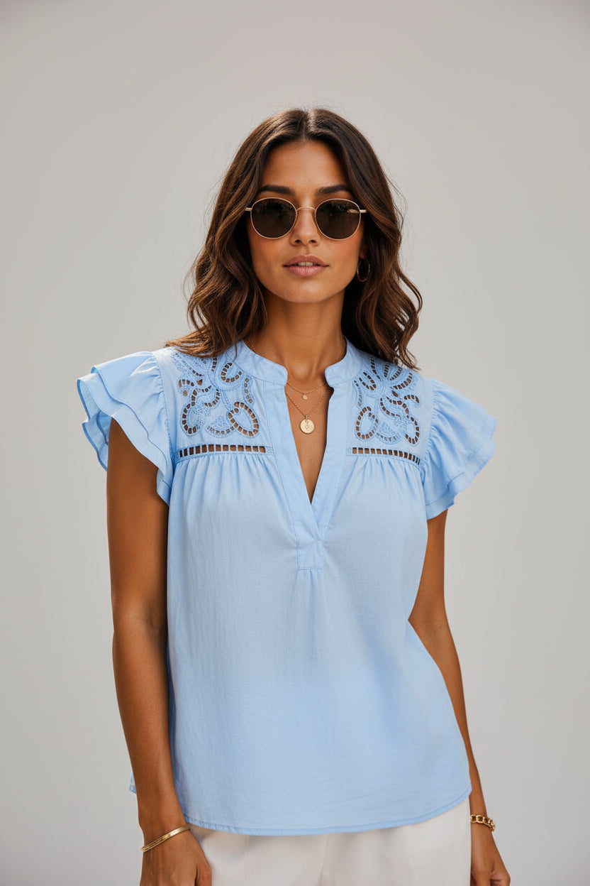 Embroidered Bohemian Ruffle Blouse – Blue | Women's Luxury Cotton Top