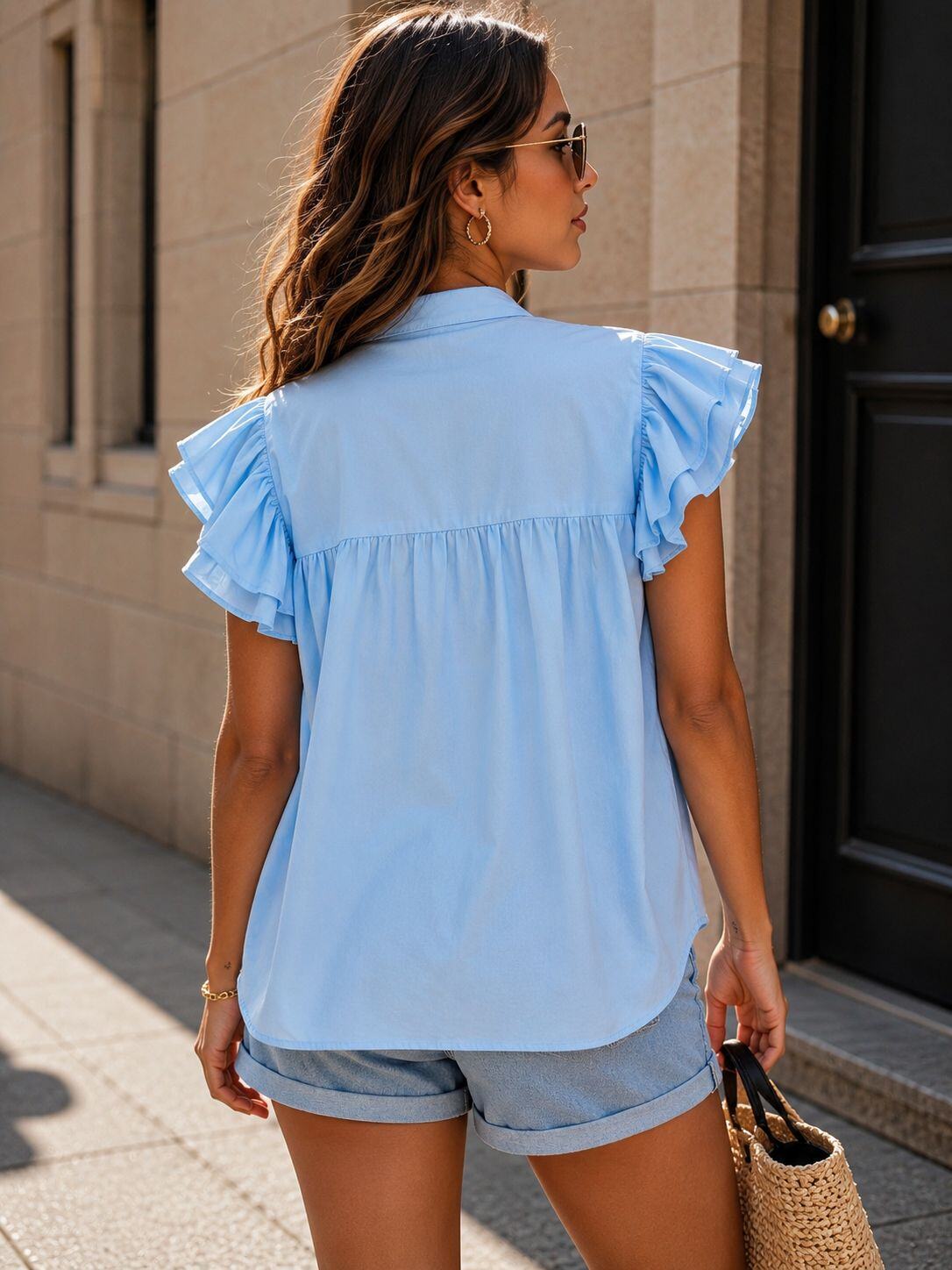 Embroidered Bohemian Ruffle Blouse – Blue | Women's Luxury Cotton Top