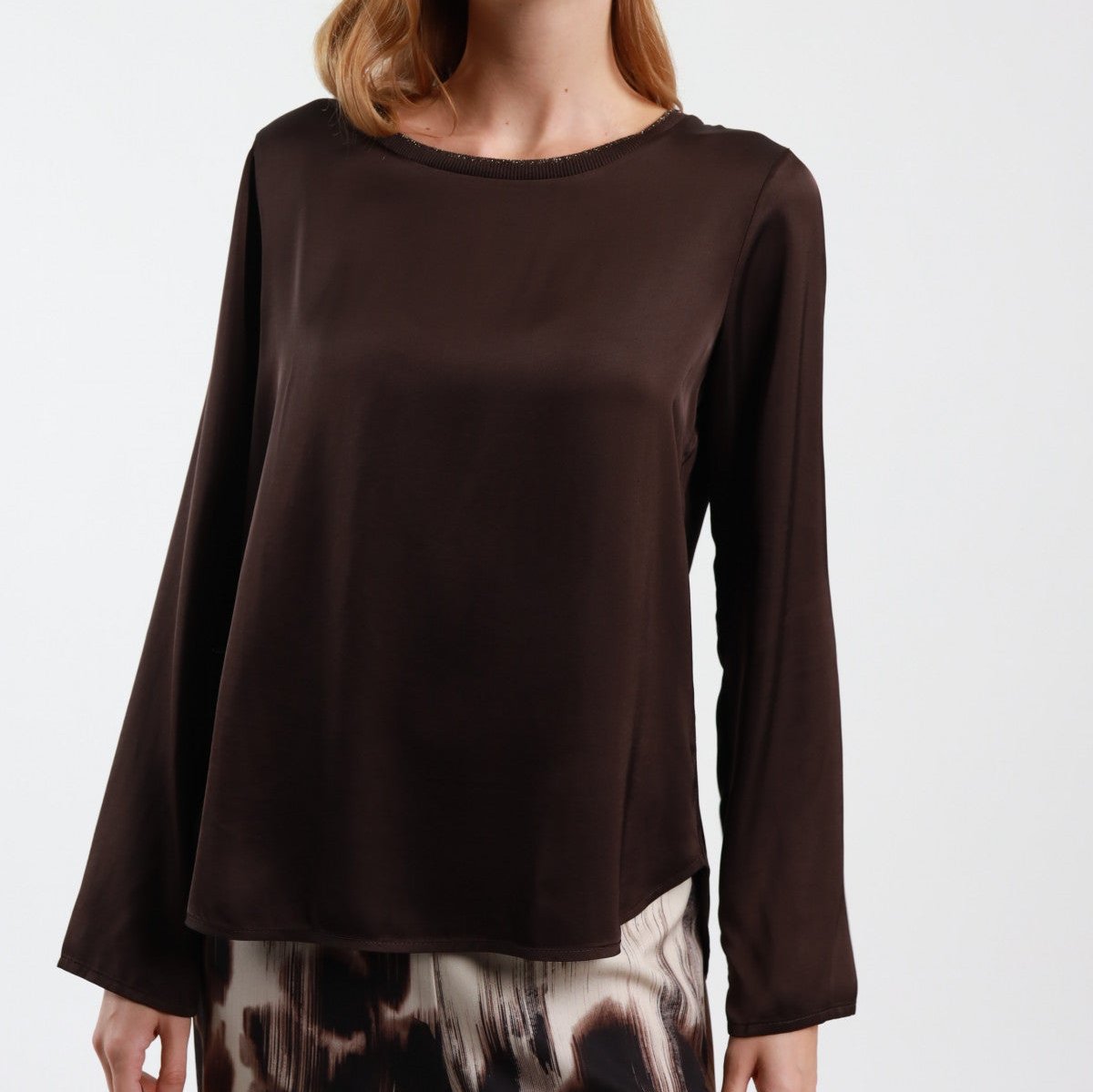 Brown Satin Blouse with Long Sleeves, Wide Crew Neck & Lurex Edge