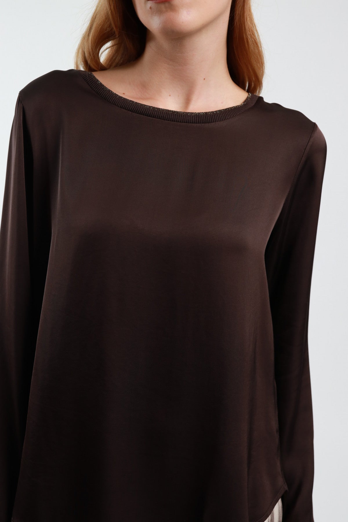 Brown Satin Blouse with Long Sleeves, Wide Crew Neck & Lurex Edge
