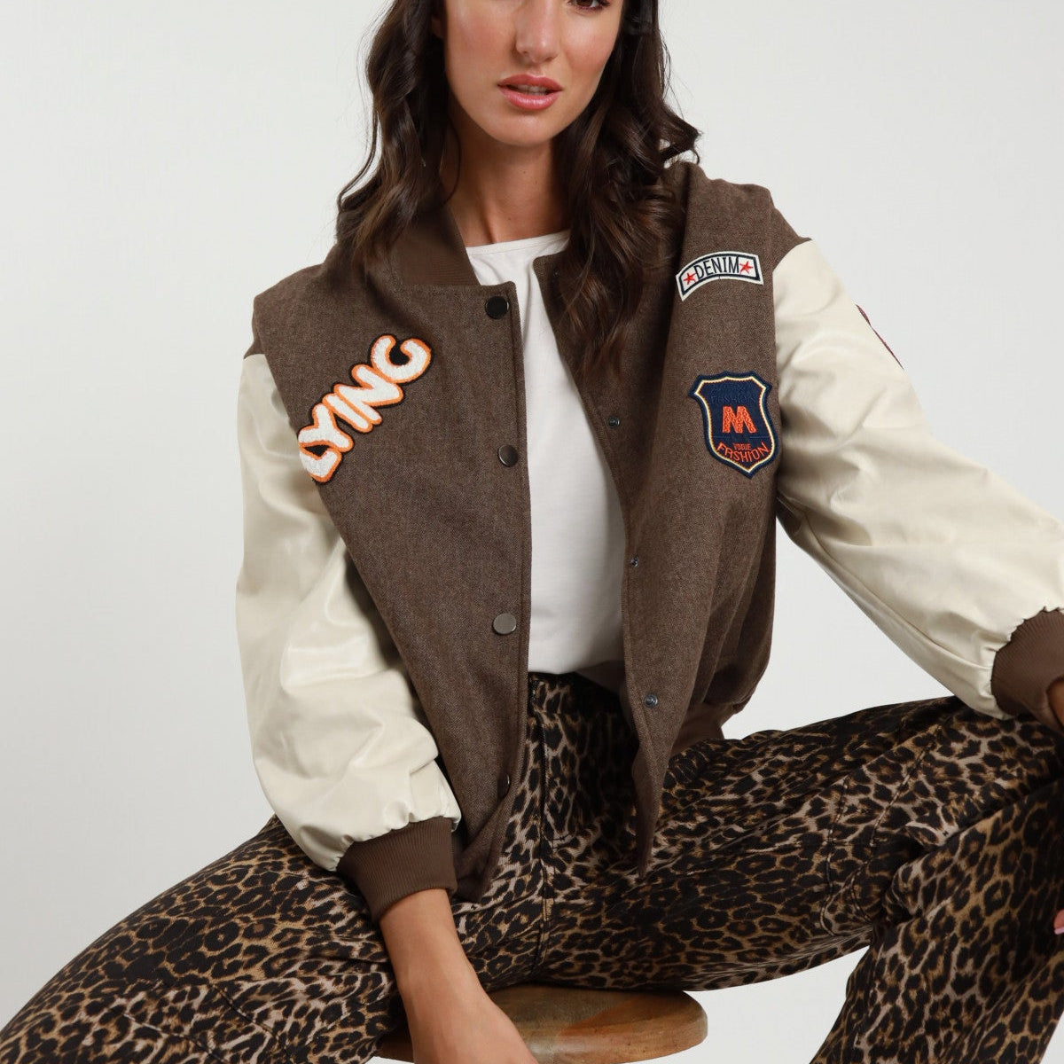 Herringbone Bomber Jacket with Vegan Leather Patches