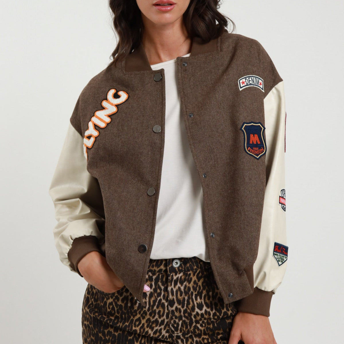 Herringbone Bomber Jacket with Vegan Leather Patches
