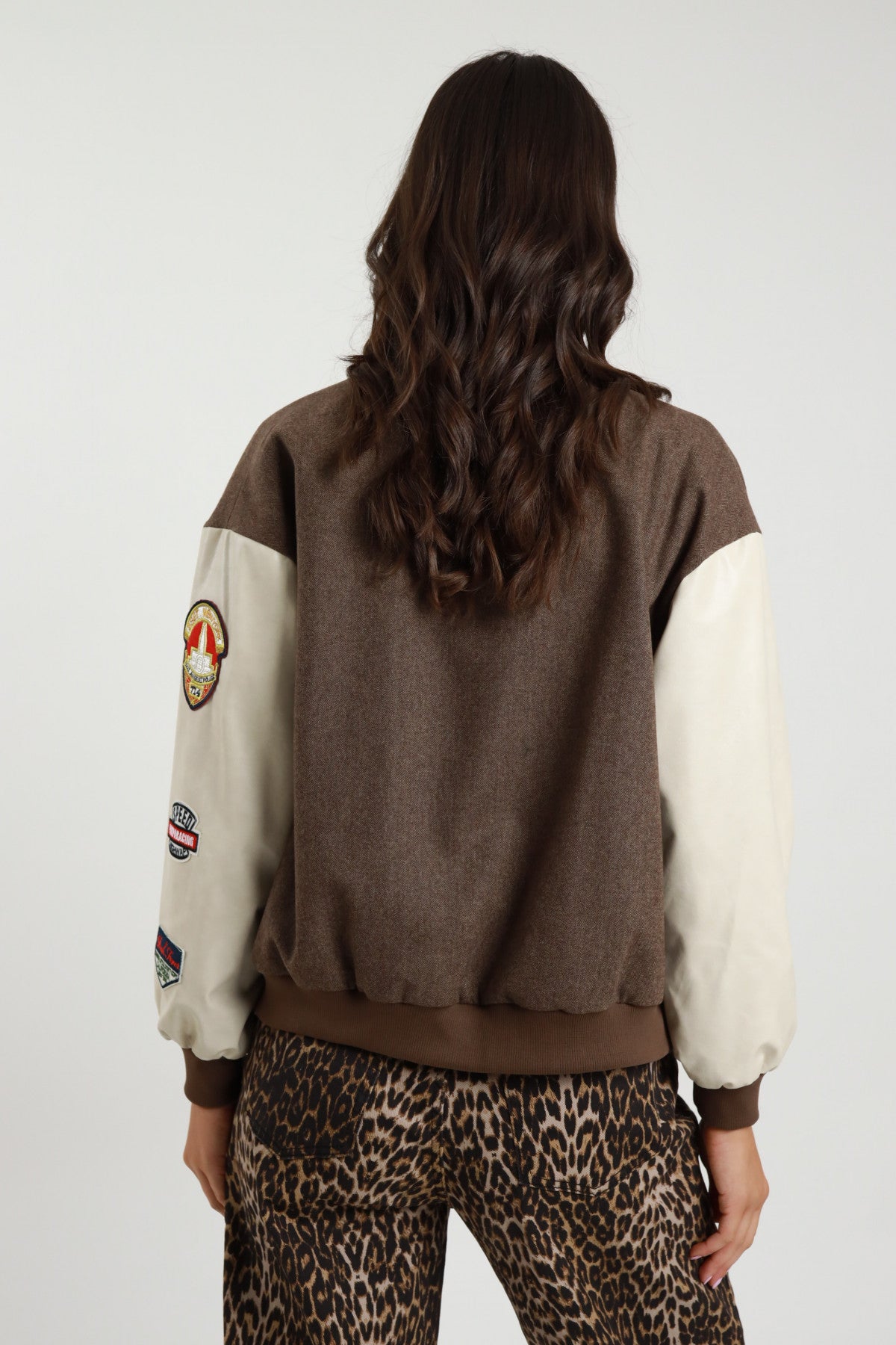 Herringbone Bomber Jacket with Vegan Leather Patches