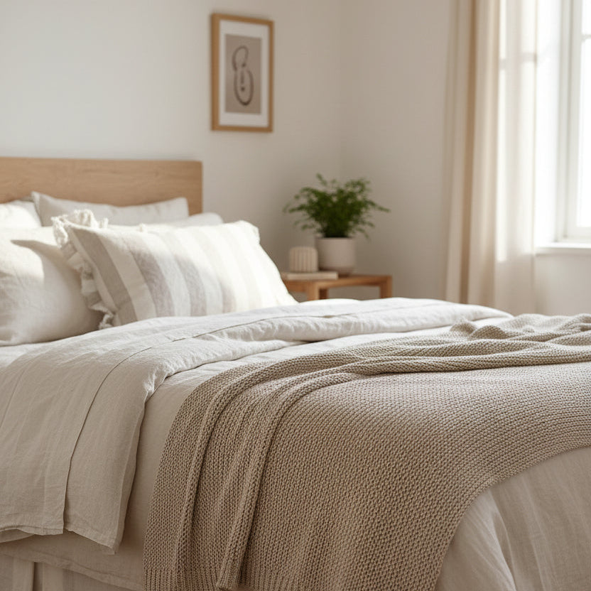Striped pillow with ruffled edges on a wooden surface against a plain background