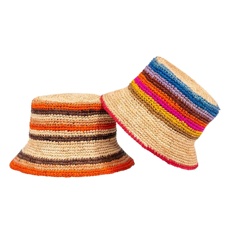 Checkerboard Raffia Bucket Hat – Multicolour | Luxury Handwoven Sun Hat