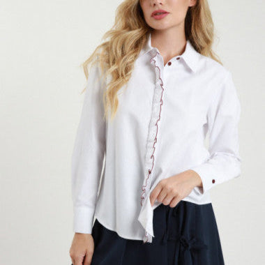 Oxford Shirt with Rouche & Burgundy Piping | Elegant Everyday Shirt