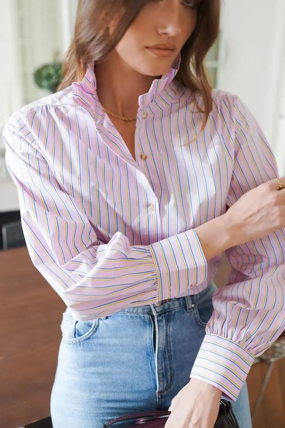Pink Stripe Cotton Frill Collar Shirt by In April 1986