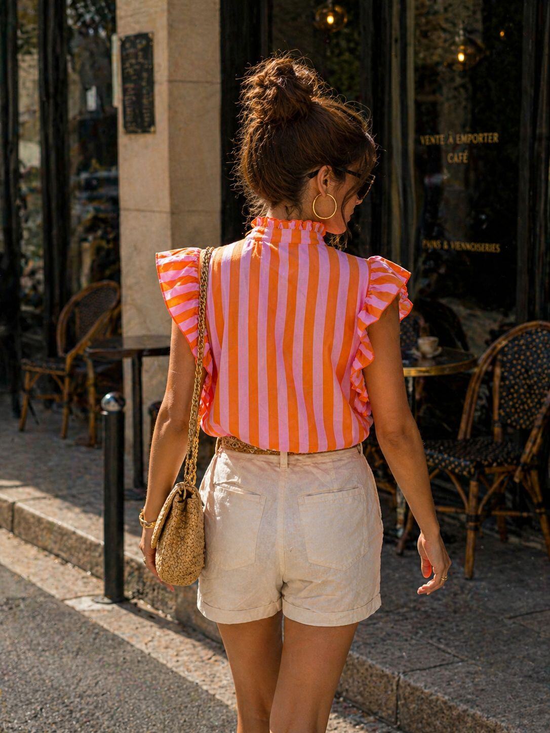 Striped Blouse with Ruffled Shoulders & High Collar | Women's Luxury Cotton Top