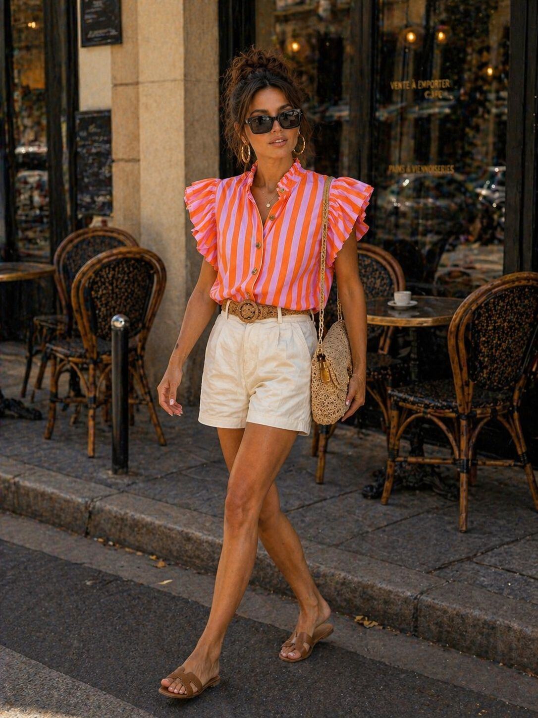 Striped Blouse with Ruffled Shoulders & High Collar | Women's Luxury Cotton Top
