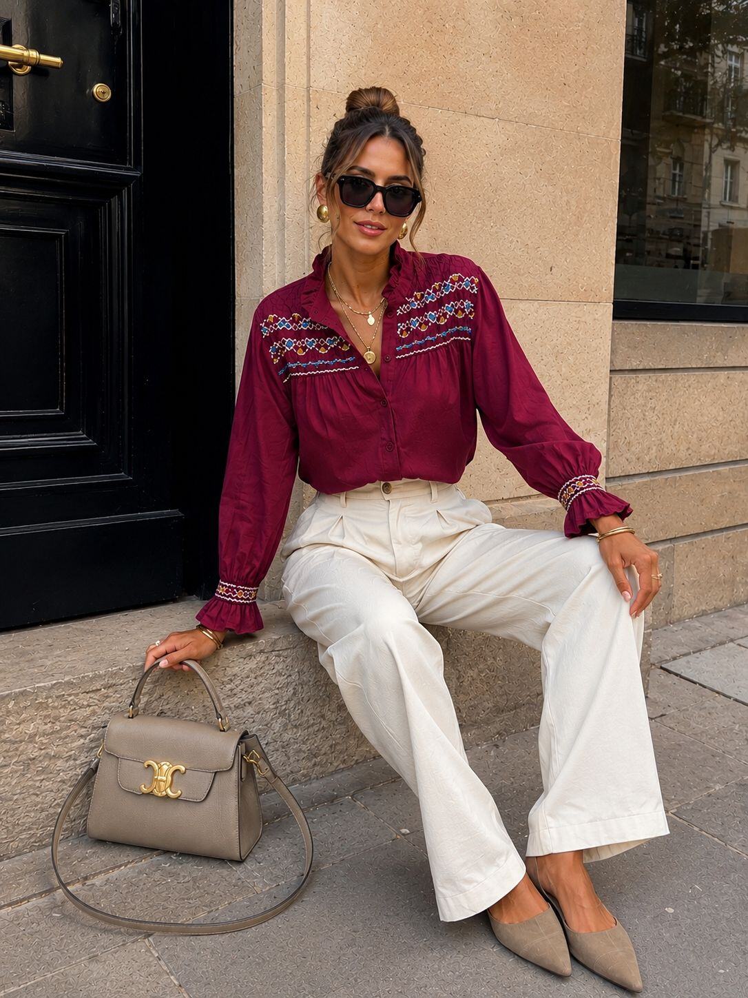Embroidered Red Blouse – Ruffled Collar & Puff Sleeves