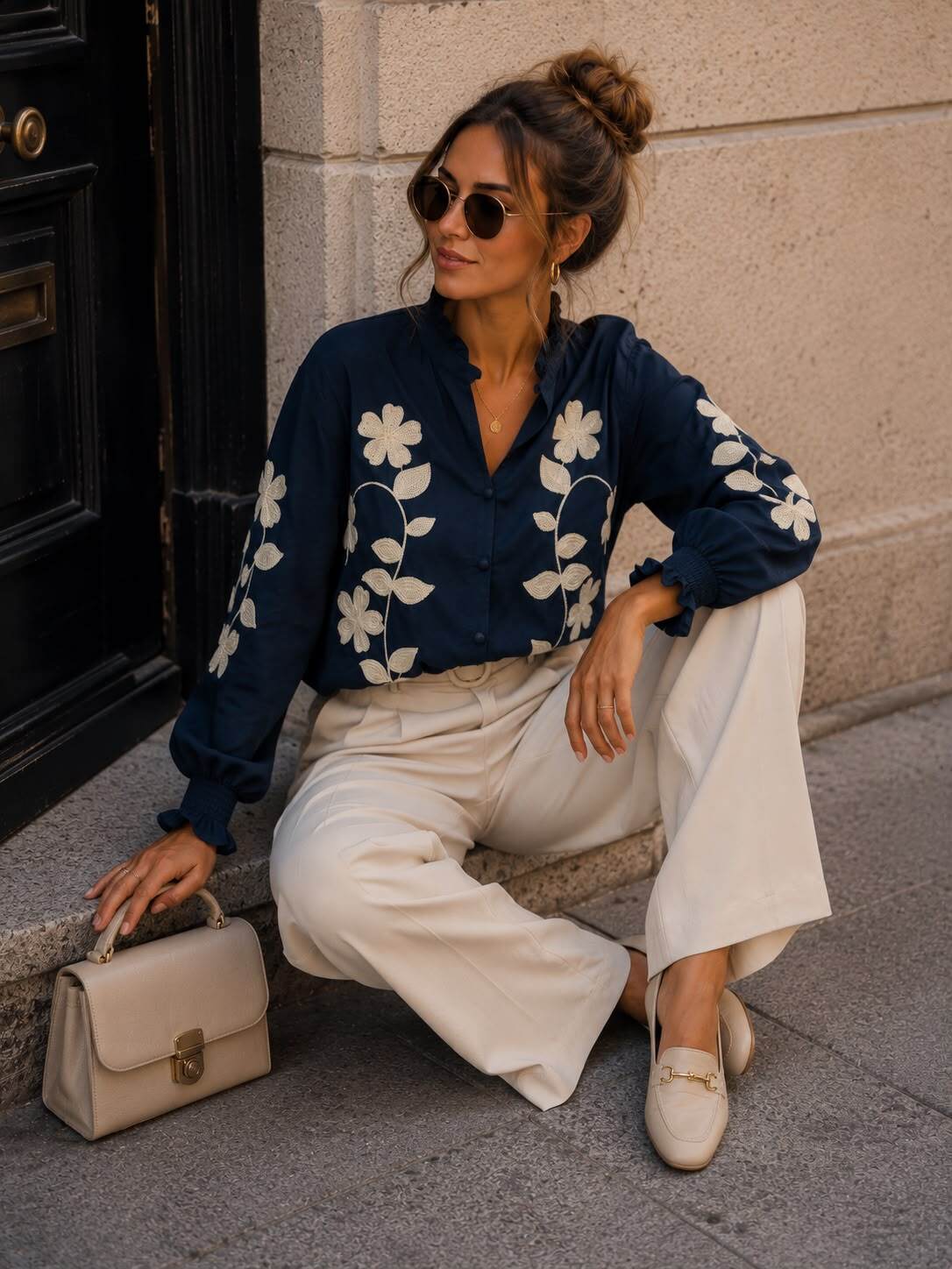 Floral Embroidered Shirt – Blue | Women's Luxury Cotton Top
