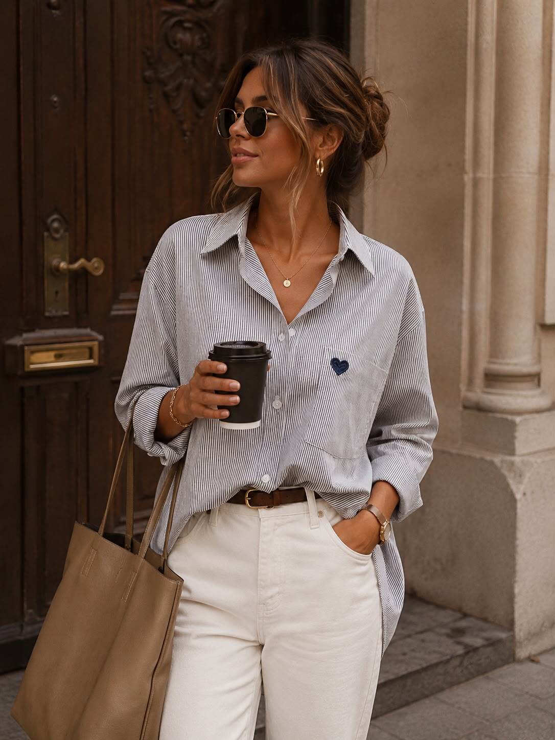 Striped Oversized Shirt with Heart Embroidery