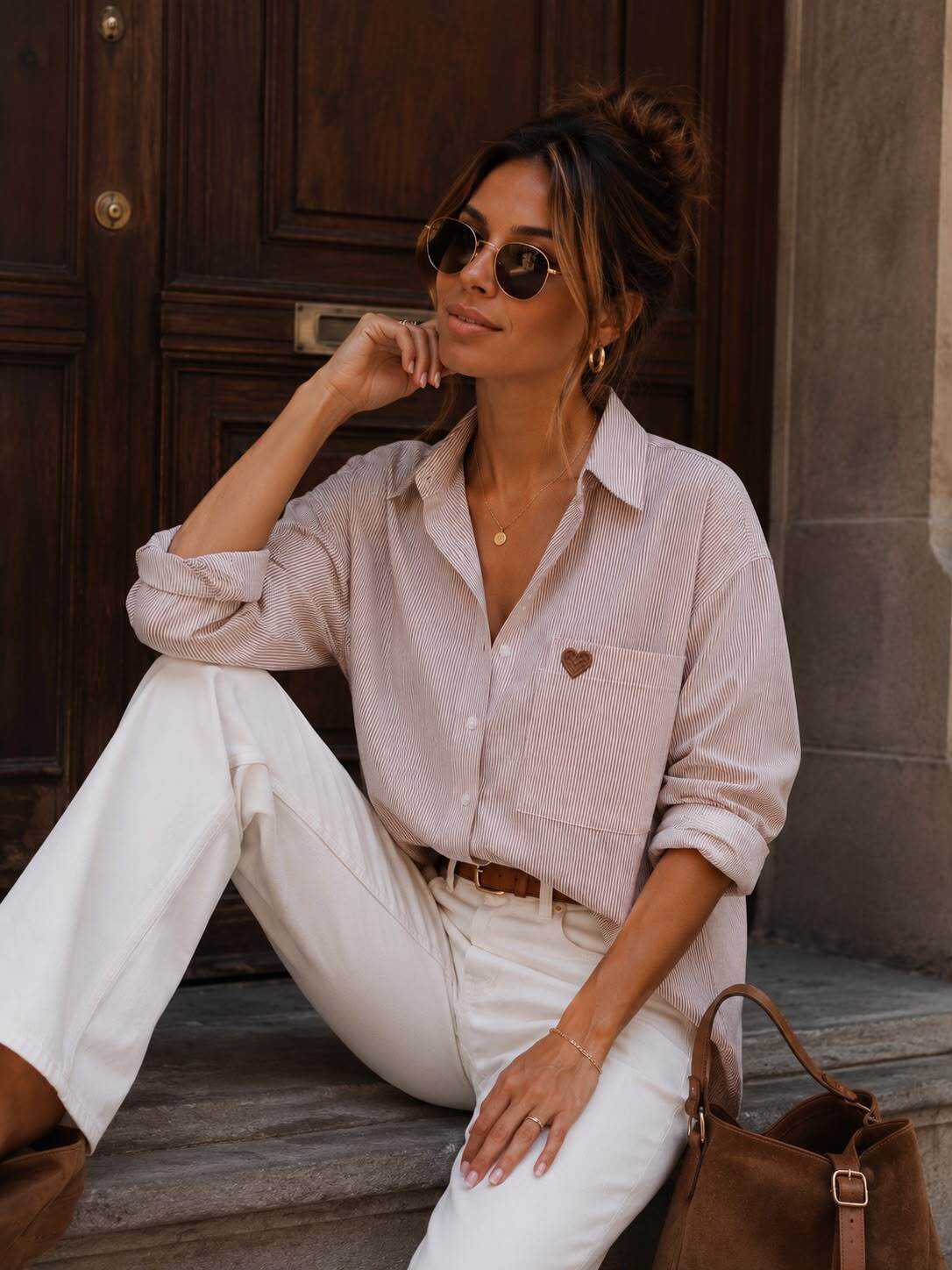 Striped Oversized Shirt with Heart Embroidery
