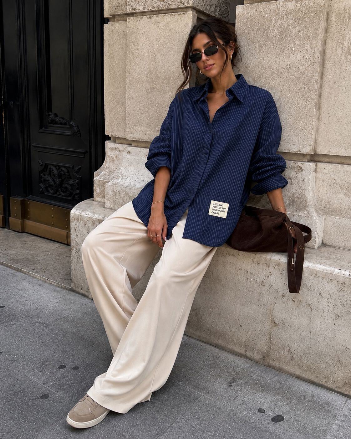 Oversized Striped Shirt – Navy | Women's Luxury Cotton Top