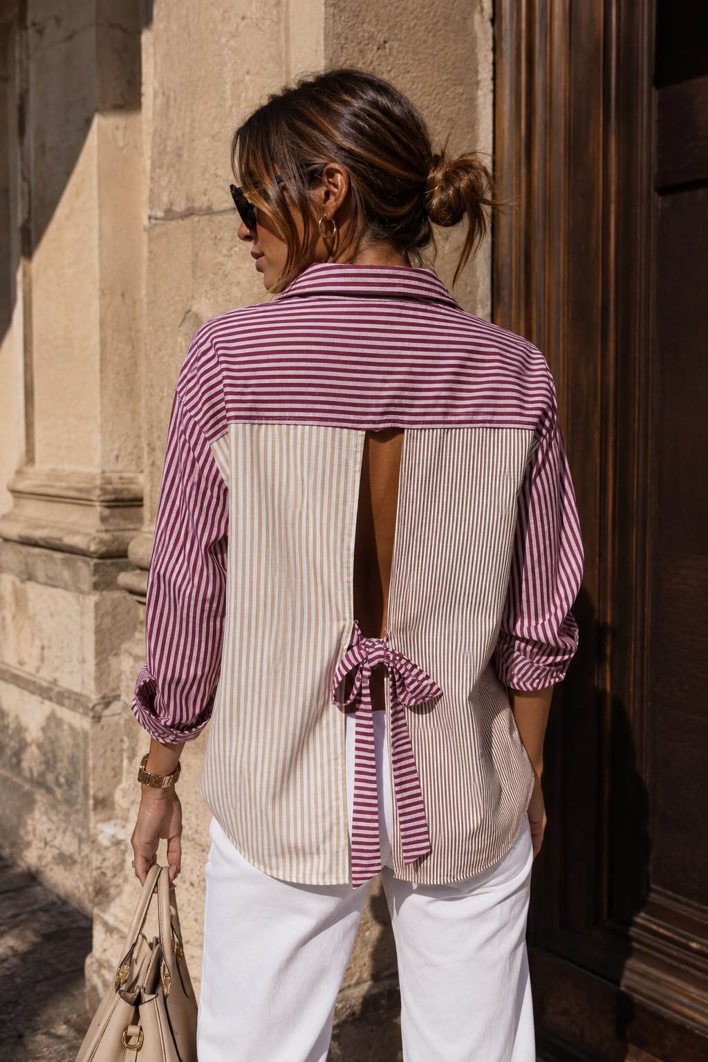 Multicolour Striped Open-Back Tie Shirt – Plum | Women's Luxury Cotton-Blend Top