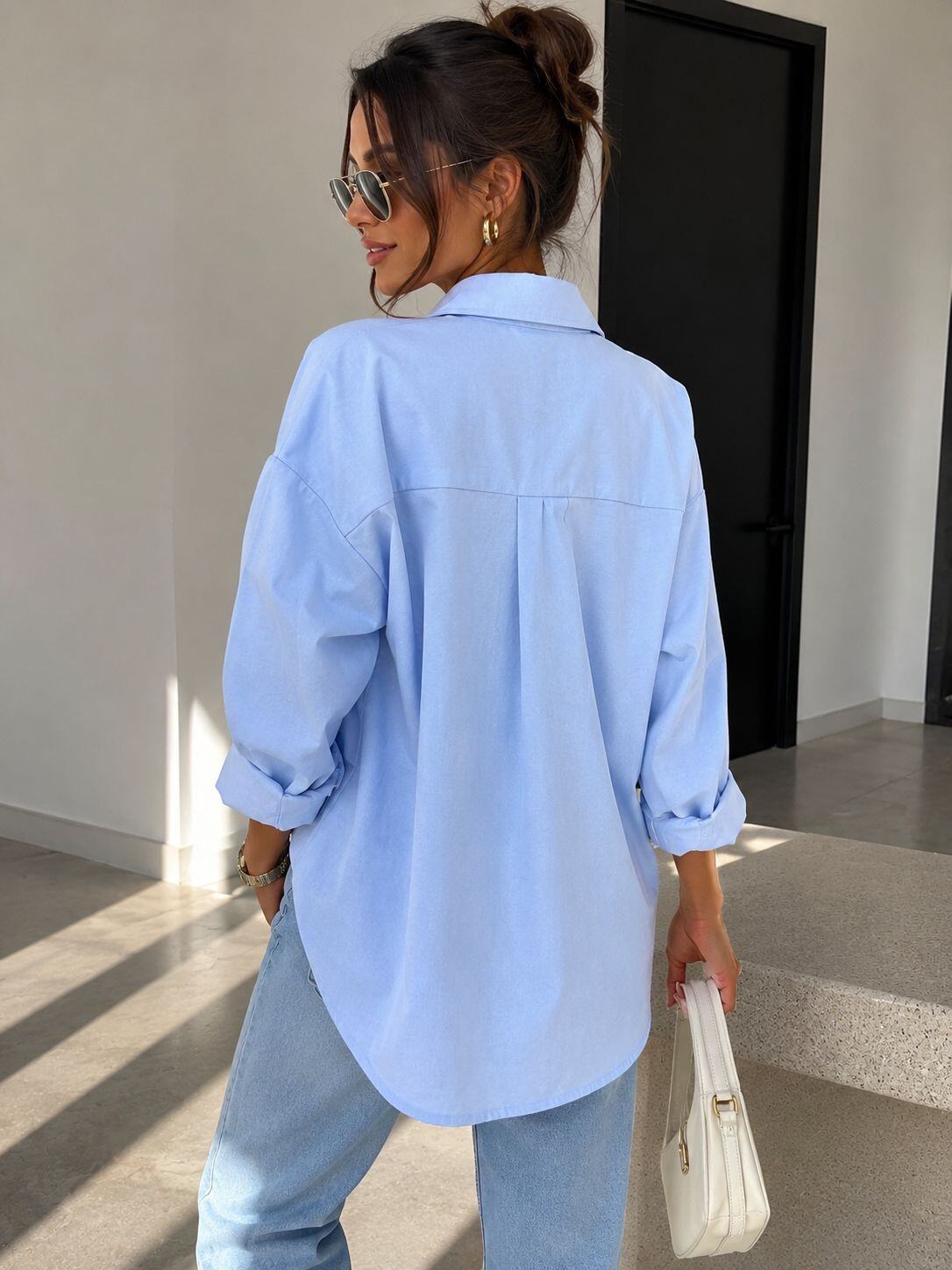 Oversized LOVE Embroidery Shirt – Sky | Women's Luxury Cotton Top