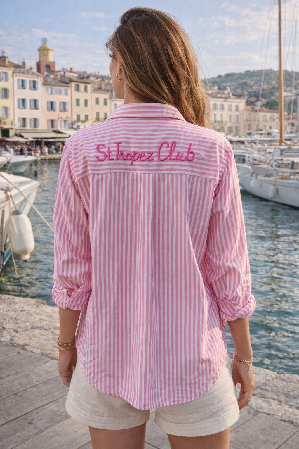 St. Tropez Club Striped Shirt – Pink | Women's Luxury Cotton Top