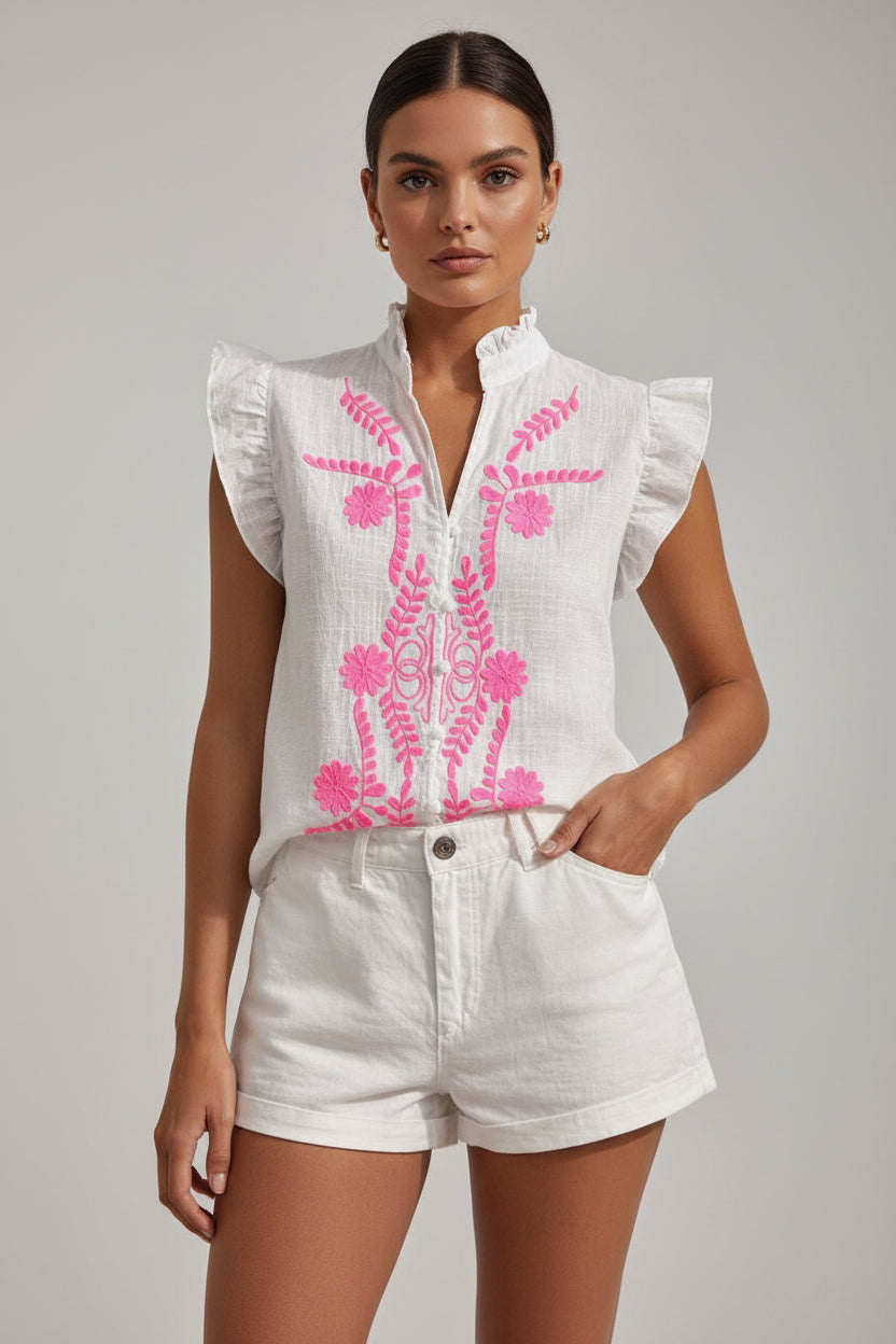 Embroidered Ruffle Sleeveless Blouse – White | Women's Luxury Cotton Top