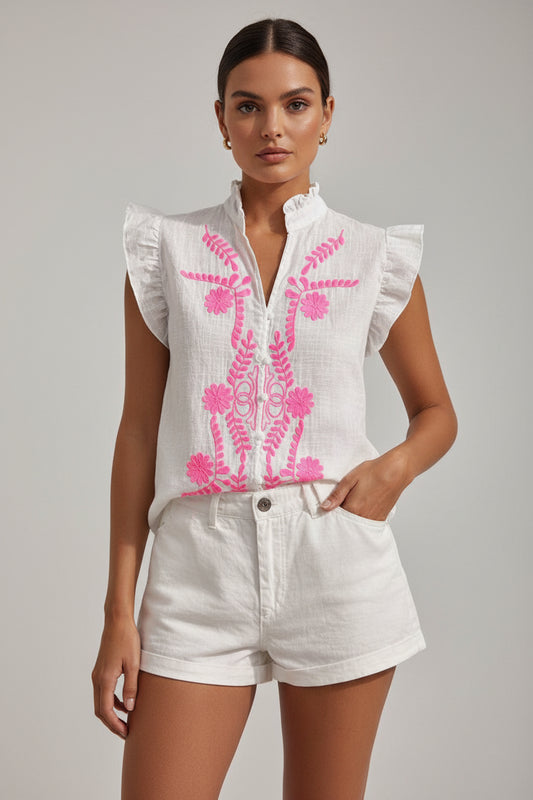 Embroidered Ruffle Sleeveless Blouse – White | Women's Luxury Cotton Top