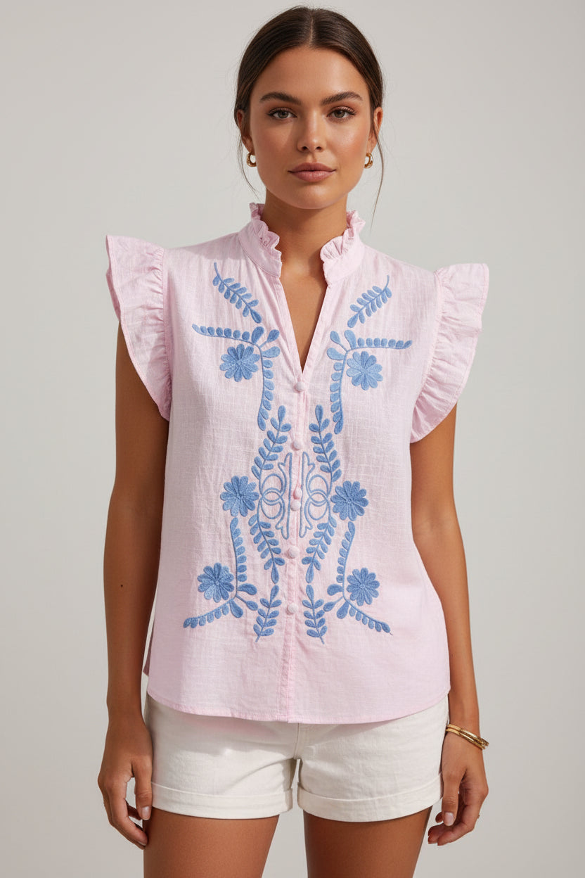 Embroidered Ruffle Sleeveless Blouse – Rosa | Women's Luxury Cotton Top