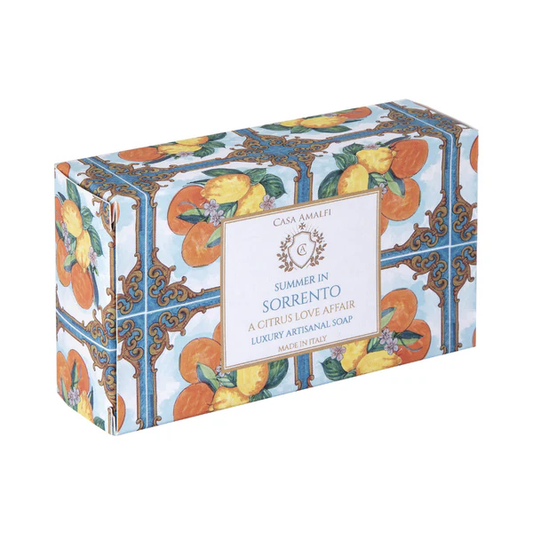 Decorative soap box with fruit design and 'Casa Amalfi' branding on a white background