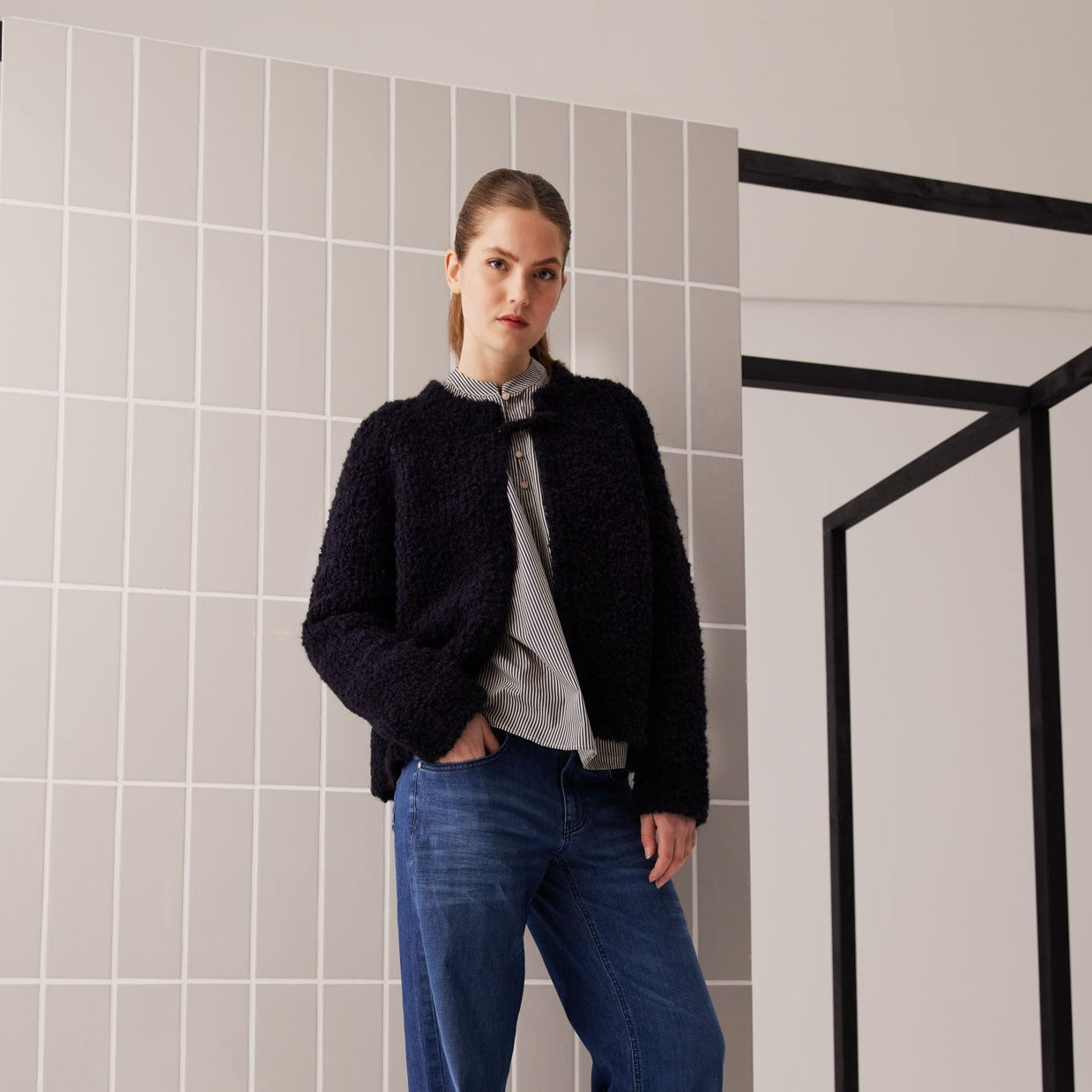 Navy Open bouclé Cardigan