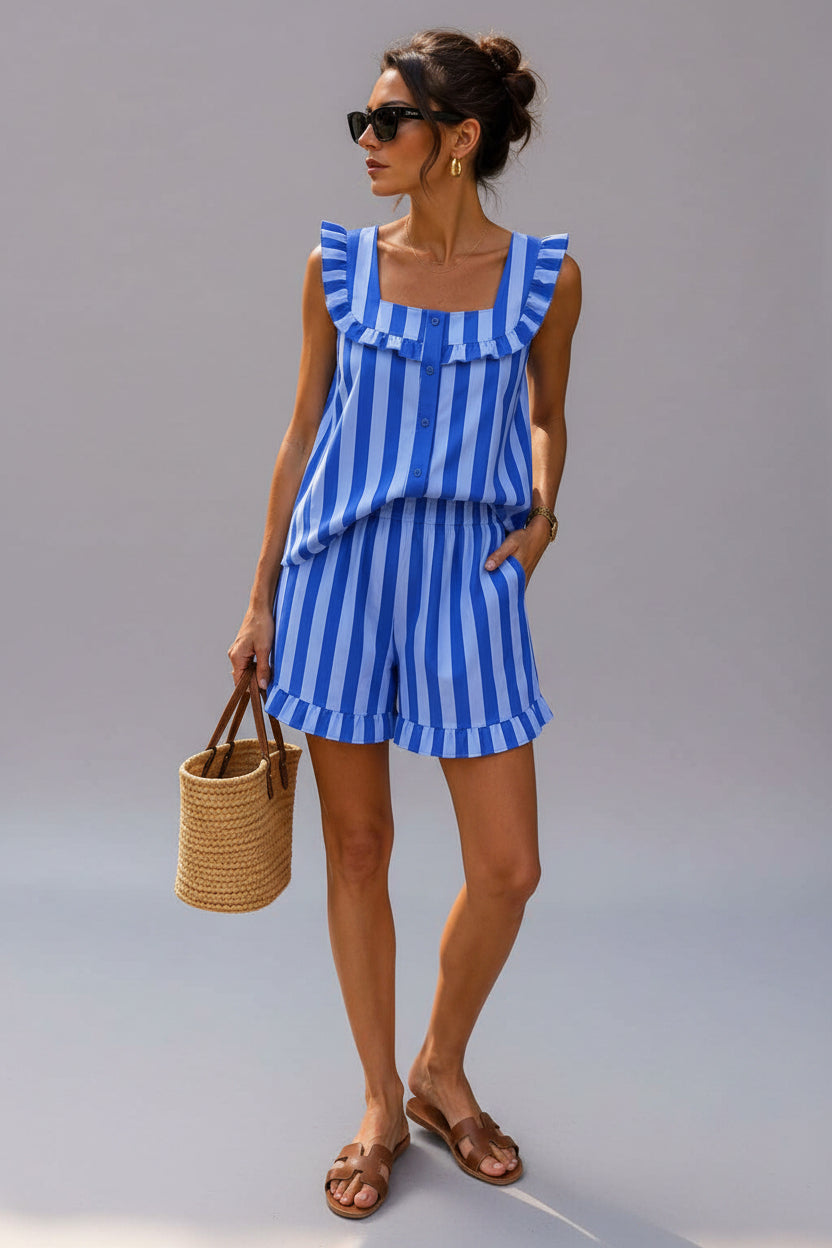 Striped Ruffle Tank Top & Shorts Set – Blue | Women's Luxury Cotton Co-ord