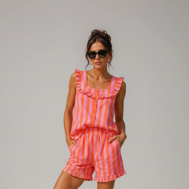Striped Ruffle Tank Top & Shorts Set – Orange | Women's Luxury Cotton Co-ord