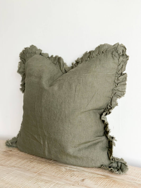 Khaki Ruffled Linen Cushion – 45 x 45 cm (Feather Pad Included)