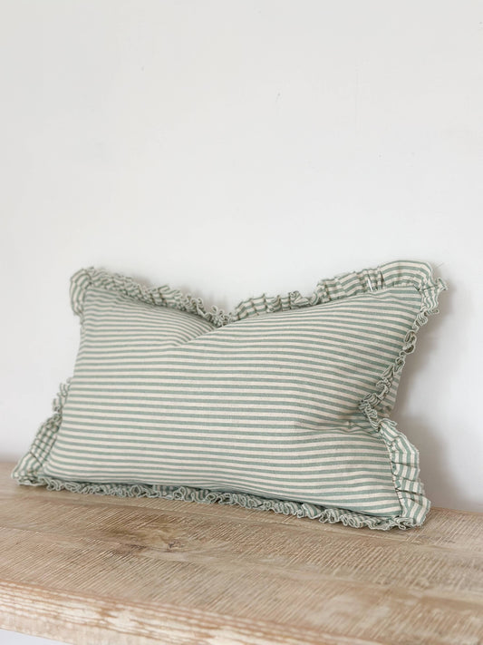 Sage Green Ruffled Cushion – 50 x 30 cm (Feather Pad Included)