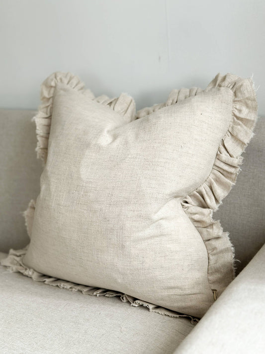 Ruffled Linen Cushion – Sand | 53cm x 53cm | Feather Filled