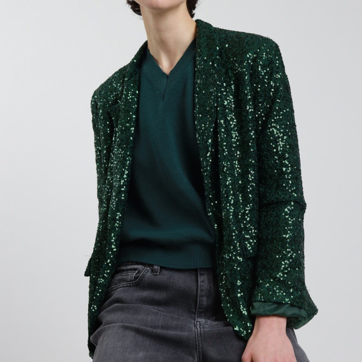 Sparkling Sequin Blazer with Classic Lapel & Pockets