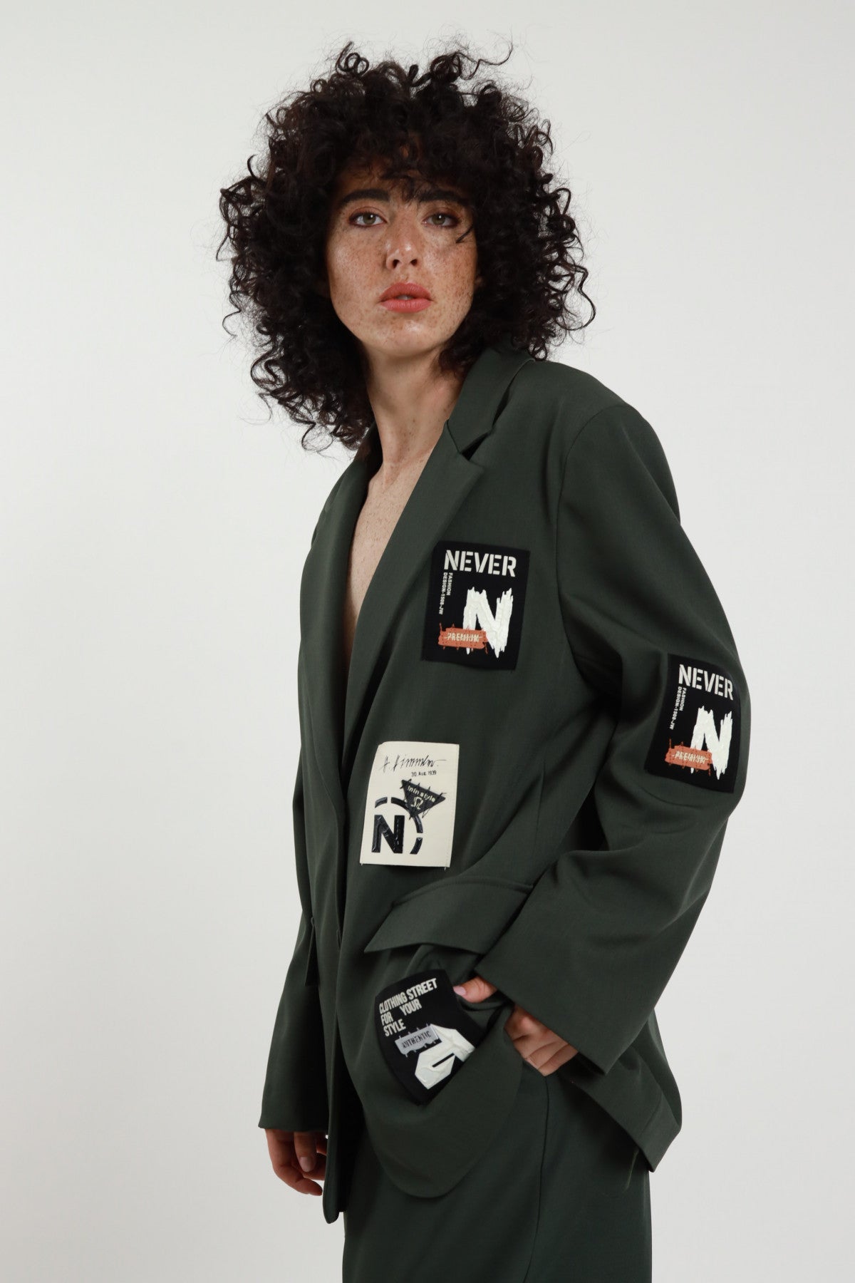 Oversized Jacket with Patch – Relaxed Fit Wool-Look Blend | Green