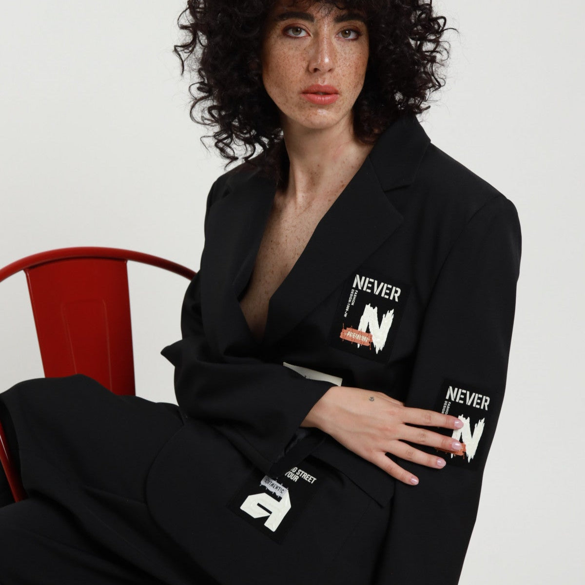 Oversized Jacket with Patch – Relaxed Fit Wool-Look Blend | Black