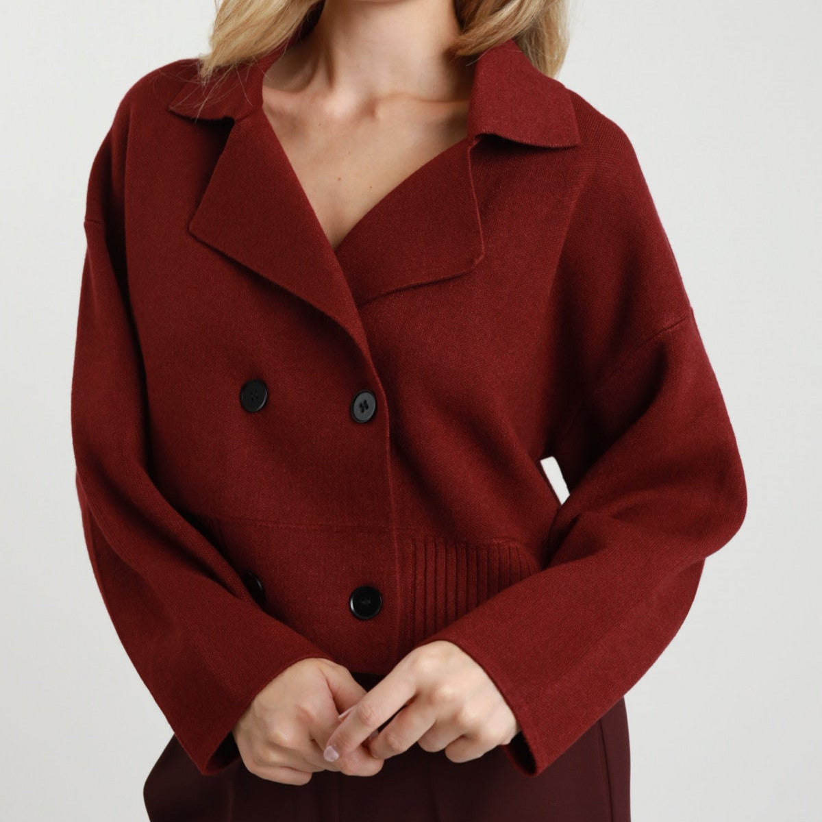Knitted Double Breasted Short Jacket – Burgundy | Chic & Cozy Layer