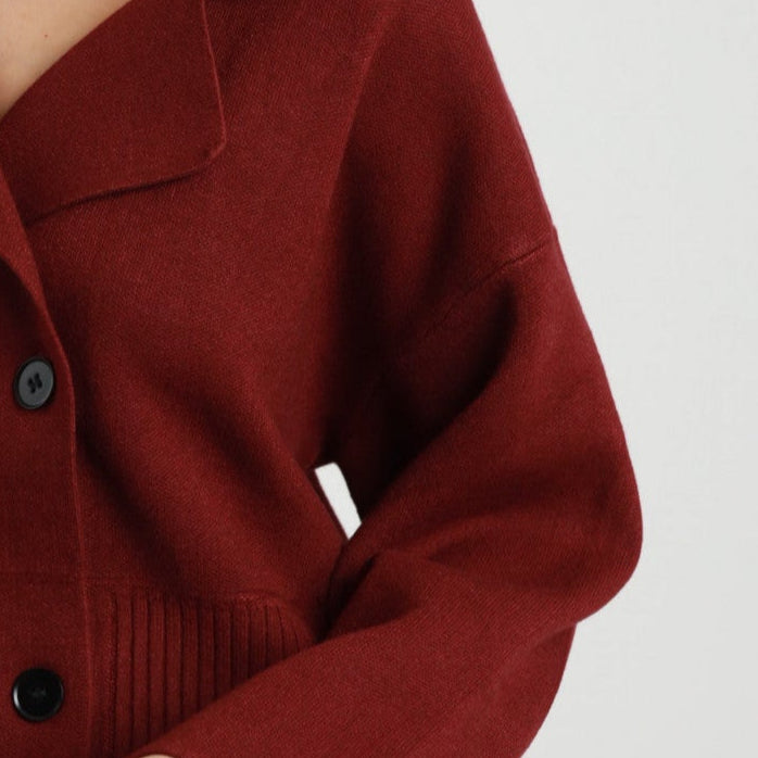 Knitted Double Breasted Short Jacket – Burgundy | Chic & Cozy Layer