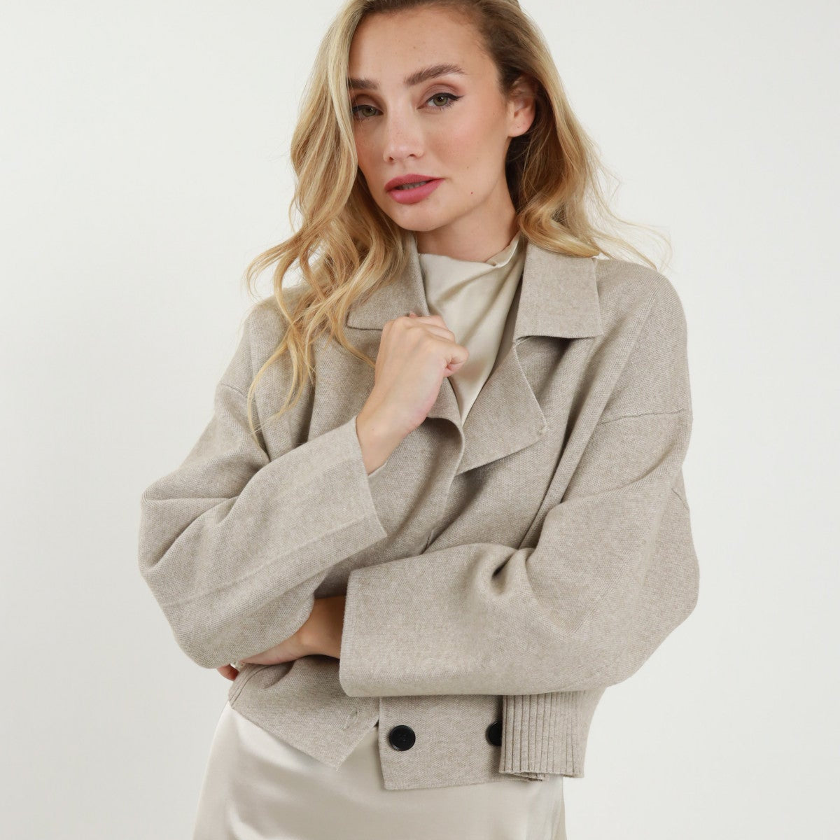 Knitted Double Breasted Short Jacket – Oatmeal | Chic & Cozy Layer