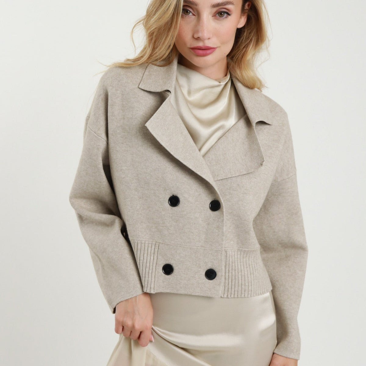 Knitted Double Breasted Short Jacket – Oatmeal | Chic & Cozy Layer