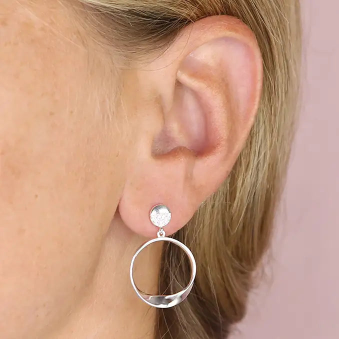 Silver Earrings cubic zirconia stud disc with twist hoop