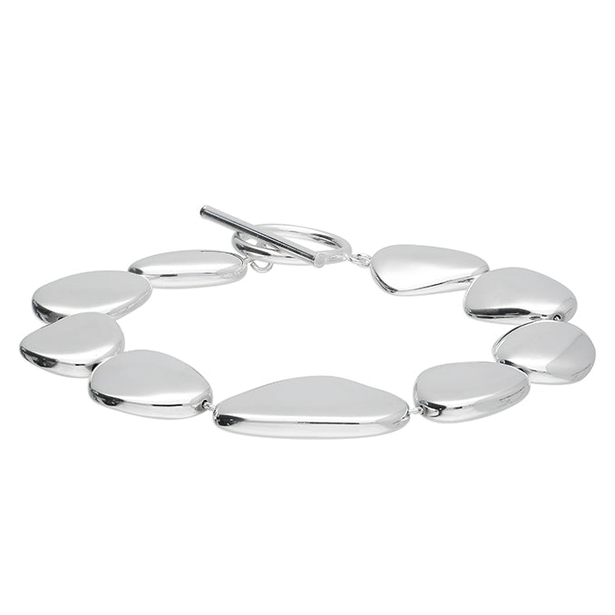 Silver bracelet with teardrop-shaped links on a white background