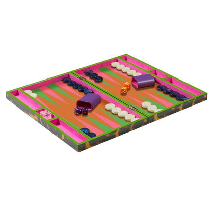 Colorful backgammon board with pieces on a white background