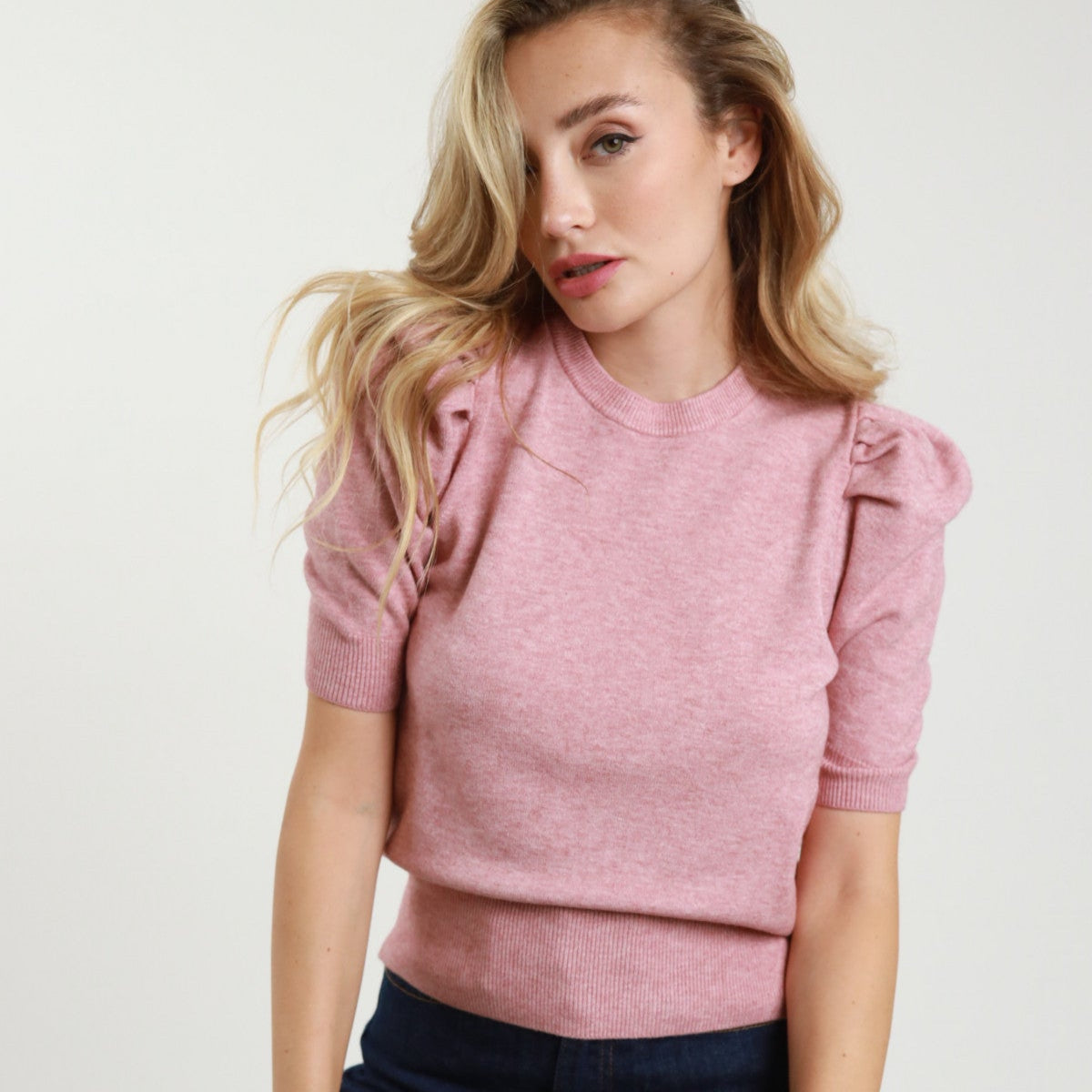 Powder Pink Puff Sleeve Crew Neck Sweater – Soft Viscose Blend | Elegant Everyday Knit 