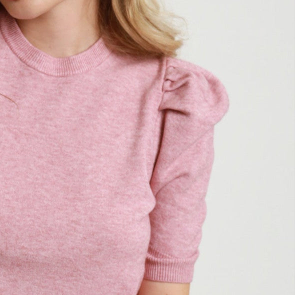 Powder Pink Puff Sleeve Crew Neck Sweater – Soft Viscose Blend | Elegant Everyday Knit 